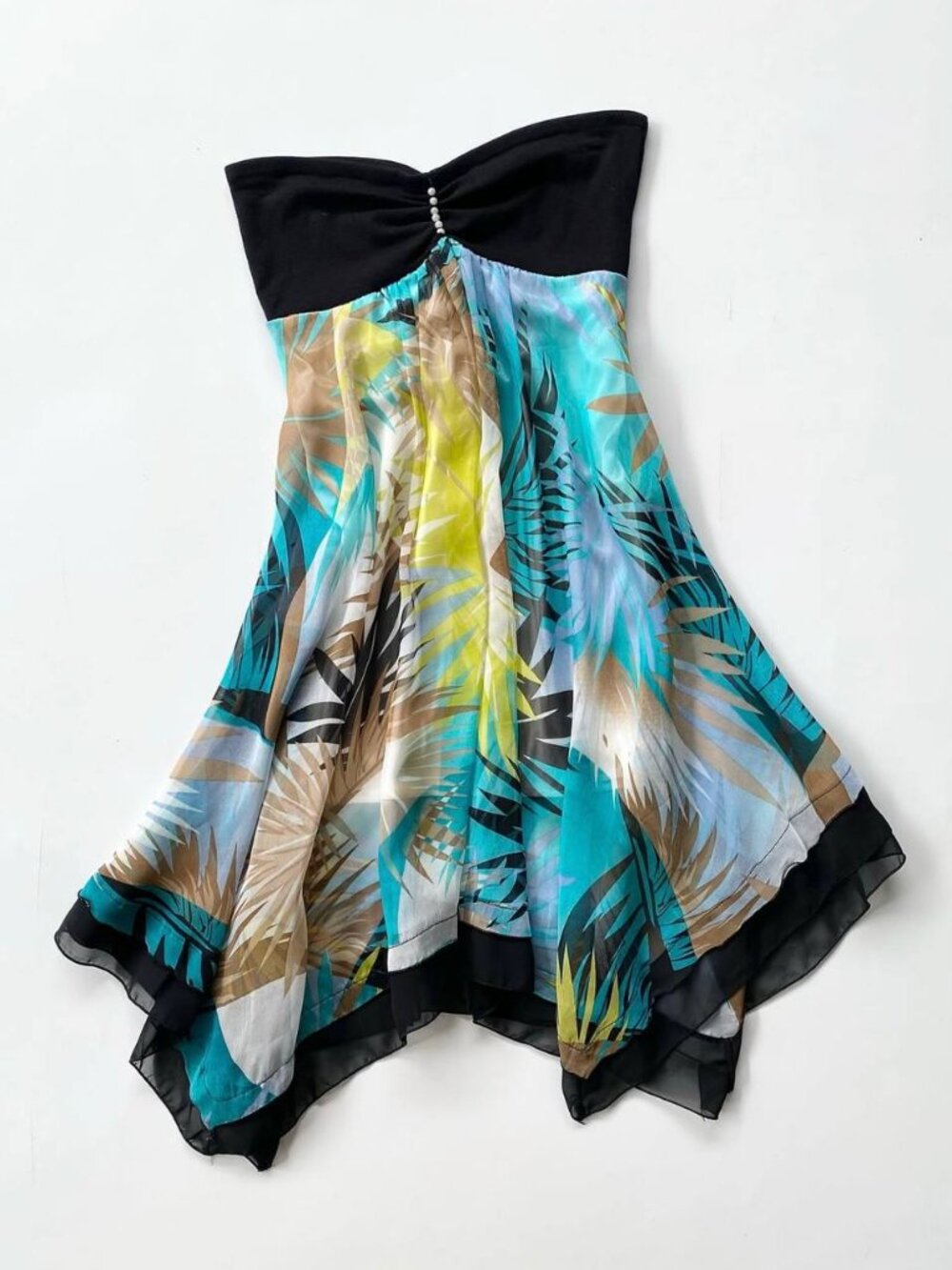 Y2K Black Strapless Tropical Print Mini Dress Colorful Ruffle Hem Party Dress - Picture 2 of 5